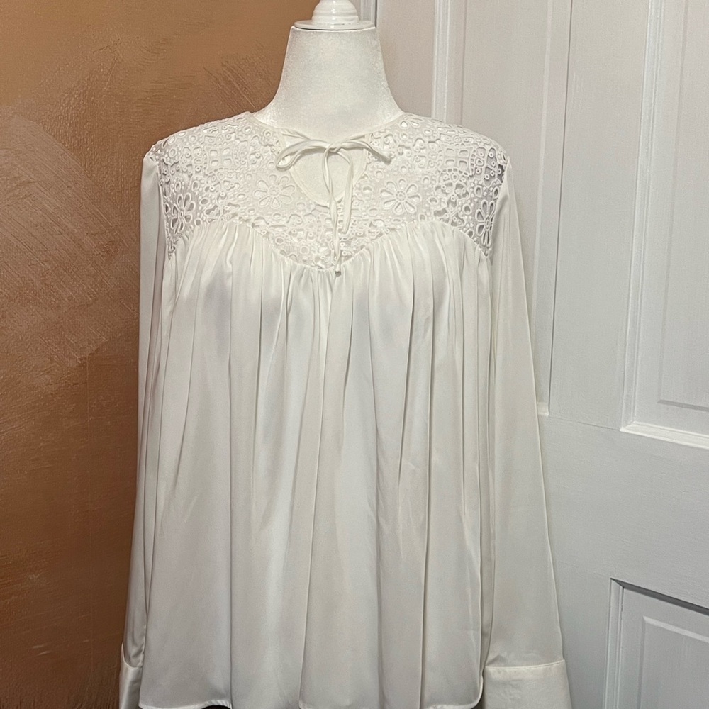 #70 CATHERINE MALANDRINO WHITE LACE YOKE BLOUSE BOHO PEASANT TOP SIZE LARGE - Picture 2 of 10
